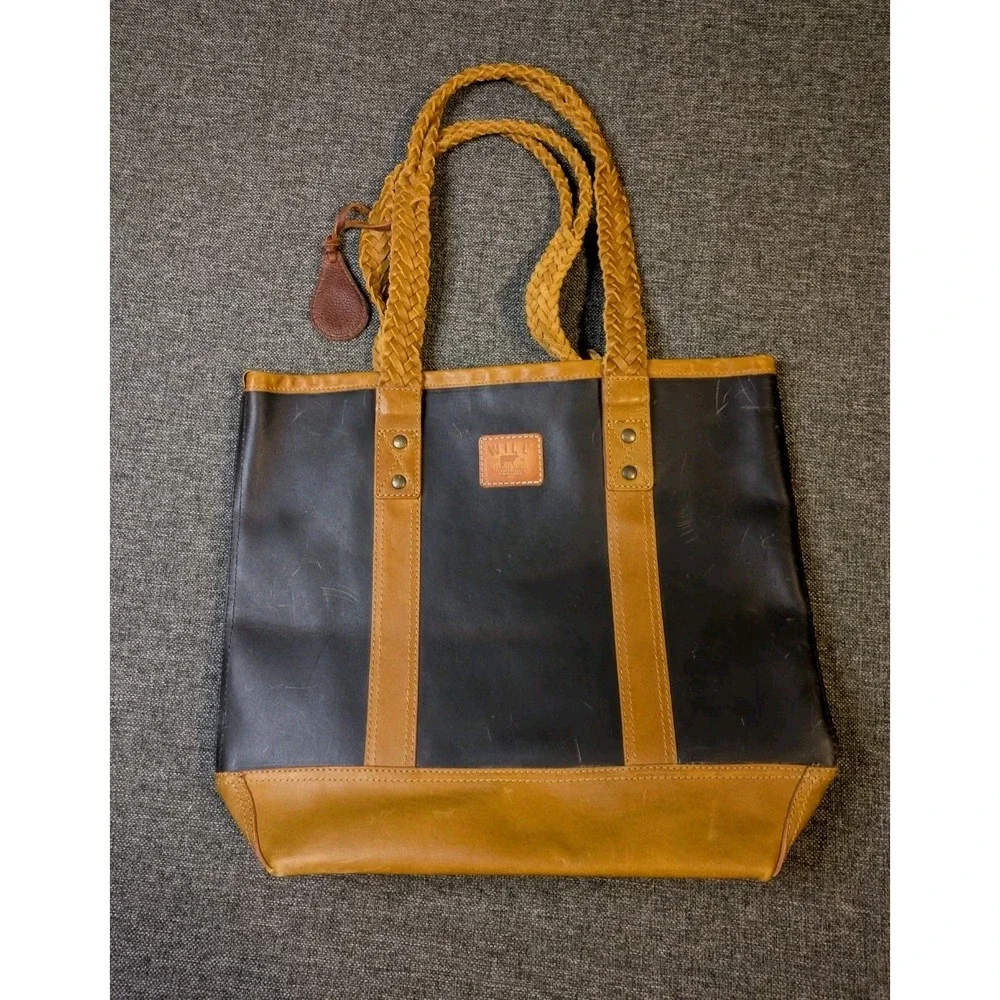 Will Leather Goods Brown & Black Leather Tote Bag Shoulder Bag Charm Purse